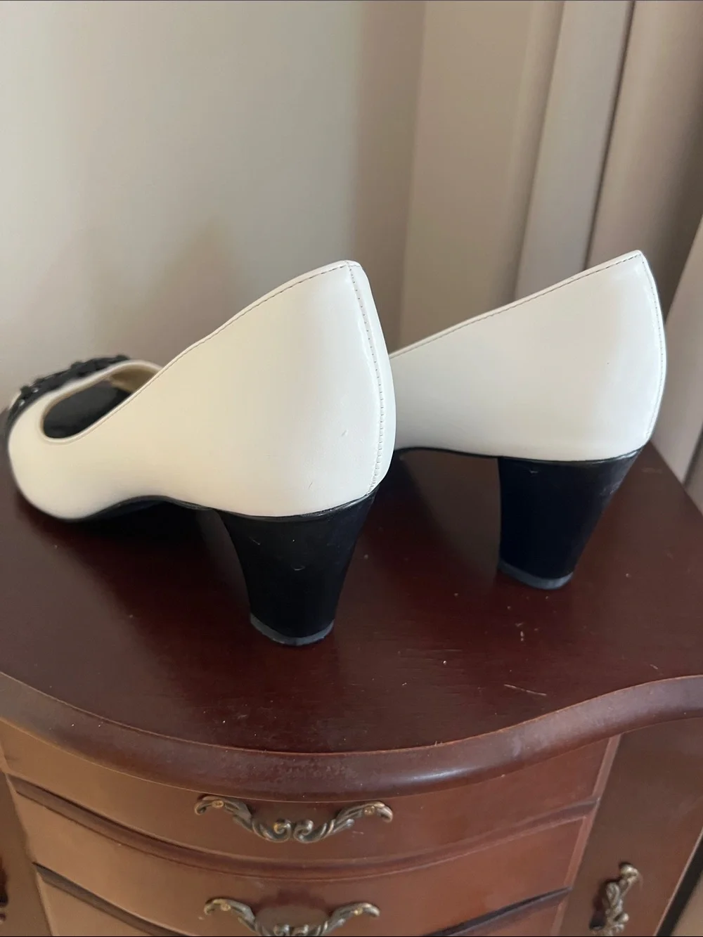 Life Stride White and Black Peep-Toe Heels with Strap Detail - 9.5